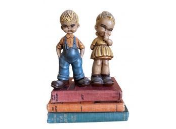 Antique Books, Including Two Copies Of Tom Sawyer, Plus Two Adorable Children Figurines