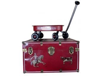 Adorable Red Plastic Trunk With Cowboy Details And A Mini Radio Flyer Red Wagon!