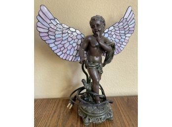 Angel Lamp W/Leaded Glass Wings, Copper Foil Technique, Detailed Cast Resin Body, In Line Roller Switch