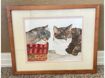 Two Cats Watercolor Artwork By Signed Artist, Bottom Corner.