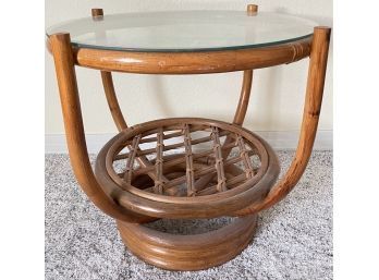 Vintage Hollywood Regency Bamboo Side Table With Glass Top