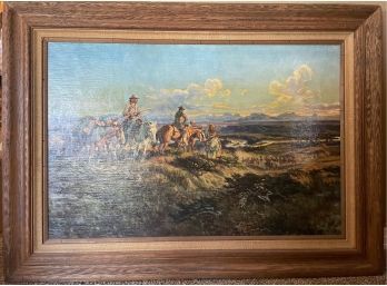 Ranch Painting In Wooden Frame By Charles Marion Russell, Signed In Bottom Corner