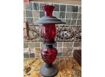 Vintage Red Glass / Sail Boat Oil Lamp & Chimney