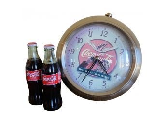 Collectible Coca-Cola Clock With Two Coke Classics Glass Bottles