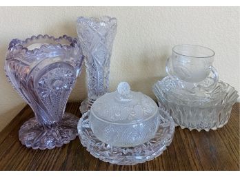 7 Piece Collection Of Beautiful Glass Dishes, Including Two Vases And Candy Dish By AVON