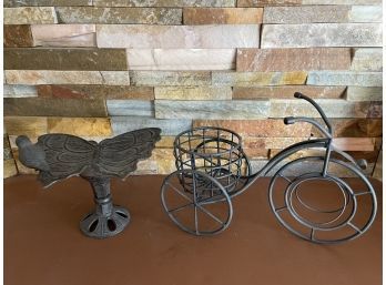 Decorative Metal Bicycle Bottle Holder And A Mini Metal Bird Bath.