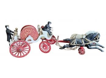 Antique Cast Iron Fire Truck Wagon With Moving Horse.