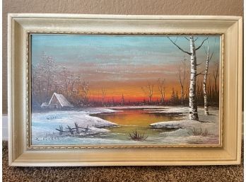 Beautiful Cabin On The Lake Canvas Painting, Signed By Artist In The Bottom Corner.