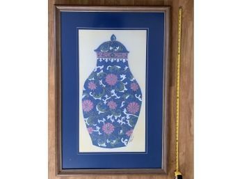 Large Framed Signed Artwork Of Flowered Vase By Rita Martino - Matt Glass.