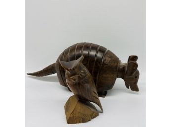 Two Wooden Owl And Armadillo Figurines, Artists Unknown