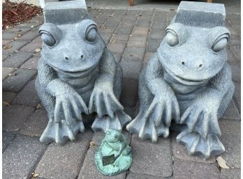 Pair Of Hollow Frog Statues, Plus Small Green Frog Statue