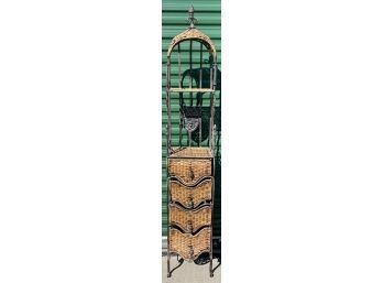 Whimsical Bird Cage Styled Wicker And Metal Shelf With Drawers