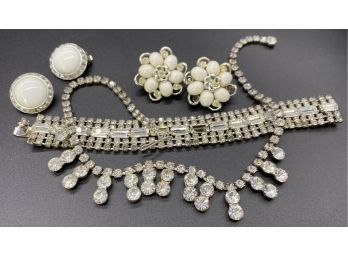 Stunning White And Silver Color Jewelry: Necklace, Bracelet, And 2 Earrings