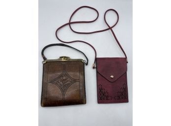 Antique Art Deco Hand Tooled Leather Purse And Red Crossbody Purse With Cutout Designs