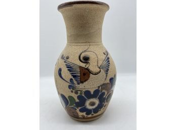 Vintage Tonala Vase With Bird And Flowers, Mexican Sandstone Pottery, Signed