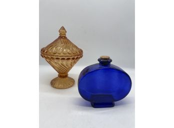 Vintage Blue Perfume Bottle And Yellow Glass Candy Bowl.