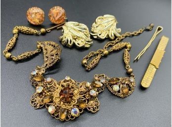 Stunning Vintage Jewelry Collection, Including Intricate Necklace, Two Pairs Of Earrings, And Two Hair Pins