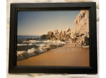 Framed Photograph Of Beach Waves Crashing On Rocks