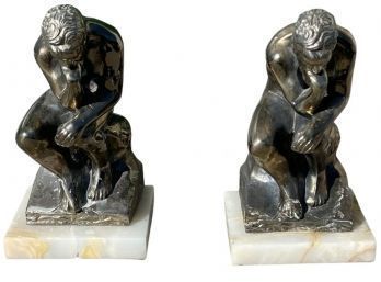 The Thinker By Rodin Inspired Brass Statue - Marble Base Bookends - Set Of 2