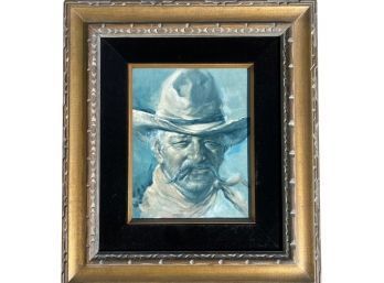 Oil On Canvas Of Cowboy Smoking Cigar In Amazing Frame!