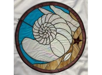 Gorgeous Stained Glass Art Piece With Seashell Design. Approximately 22 Inches