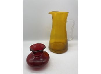 Hand Blown Amber Yellow Glass Pitcher With Applied Clear Glass Handle  And Mini Red Glass Vase