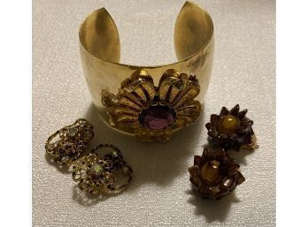 STUNNING Cuff Bracelet With Flower Design, Plus Two Vintage Clip On Earrings