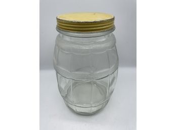 Large Vintage Glass Pickle Jar With Yellow Tin Lid.