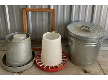 Chicken Coop Accessories: Two Feeders, Extra Door, And Metal Tin For Food Storage