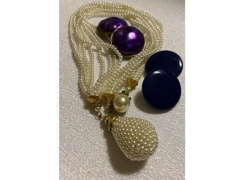 Large Pendant Collection! Beautiful Pearl Color Necklace, Plus 2 Pairs Of Large Purple And Blue Clip Earrings