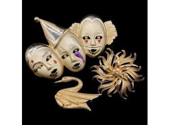 3 Vintage Brooches, Including Stunning Clown Face Brooch