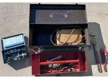 Metal Tool Box With Service Valve Kit, Wrenches And Misc. Tools.