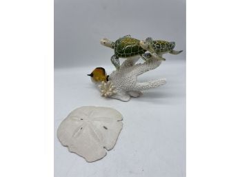 Under The Sea Decor! Lovely Turtle And Coral Figurine And Large Sand Dollar.