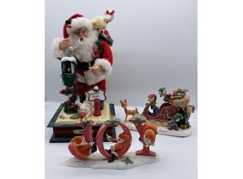 Santa Musical Figurine And Adorable Elf Tis The Season And Santa Joy Signs.