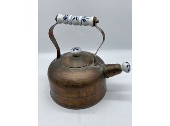 Copper Teapot With Blue And White Ceramic Accents