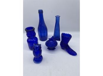 Vintage Cobalt Blue Glass Pieces! Daisy And Button Boot, Bird Dresser, Vases , Baby Face Cream Top Milk Bottle