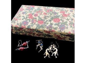 Three Pairs Of Earrings, Plus Padded Floral Jewelry Box