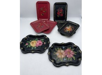 Assortment Of Beautiful Floral Designed Metal Snack Plates.