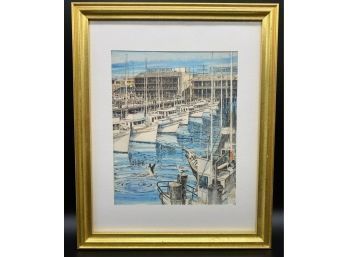 San Francisco Marina Pencil Art By Artist Fong, In White Matte And Gold Frame