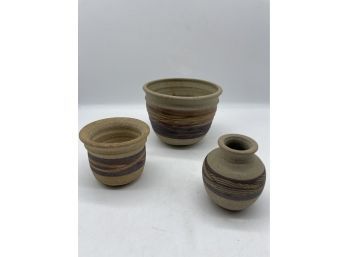 Pottery Set With Ombre Design. Two Small Bowls And Miniature Vase.