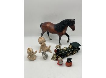 Lots Of Miscellaneous Figurines. Breyer Horse, Porcelain Baby Dolls, Small Train And More!