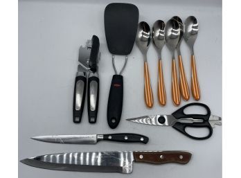 Kitchen Essentials! Large Precision Hollowground Knife, Onieda, Chicago Cutlery Sheers, And Retro Spoons.