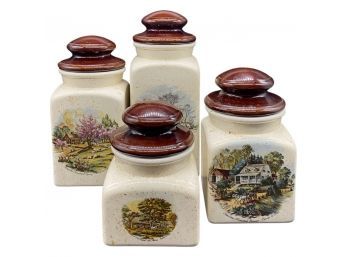 Beautiful Set Of Ceramic Kitchen Jars With 4 Season Series And Brown Lid