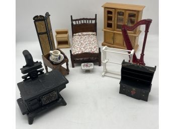 Miniature Dollhouse Furniture. Adorable Harp, Stove, China Cabinet And Bed!