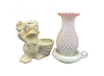 Hobnail Pink And White Candle Votive, Plus Vintage Donald Duck Trinket Holder