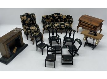 Adorable Doll House Furniture. Floral Pattern Couch And Chair, Rocking/folding Chairs, And Sewing Machine