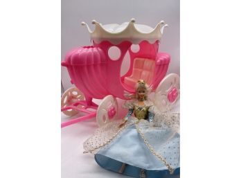 Cinderella Barbie Doll And Pink Plastic Carriage!