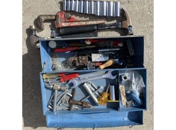 Blue Metal Toolbox With Miscellaneous Tools