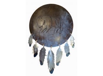 Amazing Art Piece! Round Metal Top With Buffalo Cut Out With Hand Crafted Feathers Tied By Leather Strings