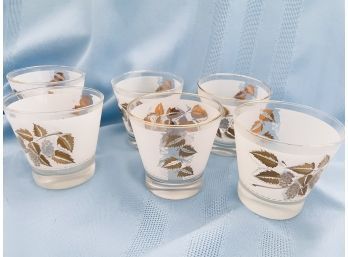 Vintage Collection Of Short Libbey Glasses With Frosted Glass And Gold Leaves